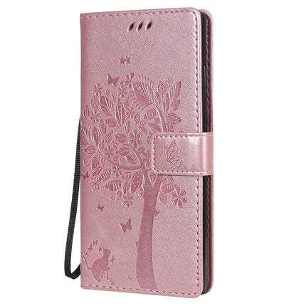 For Samsung Galaxy Note20 Tree & Cat Pattern Pressed Printing Horizontal Flip PU Leather Case with Holder & Card Slots & Wallet & Lanyard(Rose Gold)-garmade.com