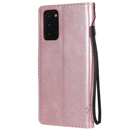 For Samsung Galaxy Note20 Tree & Cat Pattern Pressed Printing Horizontal Flip PU Leather Case with Holder & Card Slots & Wallet & Lanyard(Rose Gold)-garmade.com