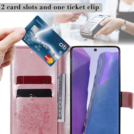 For Samsung Galaxy Note20 Tree & Cat Pattern Pressed Printing Horizontal Flip PU Leather Case with Holder & Card Slots & Wallet & Lanyard(Rose Gold)-garmade.com