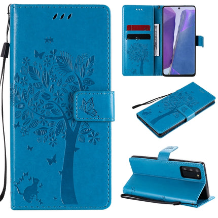 For Samsung Galaxy Note20 Tree & Cat Pattern Pressed Printing Horizontal Flip PU Leather Case with Holder & Card Slots & Wallet & Lanyard(Blue)-garmade.com