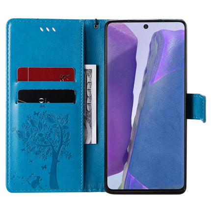 For Samsung Galaxy Note20 Tree & Cat Pattern Pressed Printing Horizontal Flip PU Leather Case with Holder & Card Slots & Wallet & Lanyard(Blue)-garmade.com