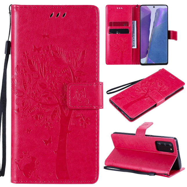 For Samsung Galaxy Note20 Tree & Cat Pattern Pressed Printing Horizontal Flip PU Leather Case with Holder & Card Slots & Wallet & Lanyard(Rose Red)-garmade.com