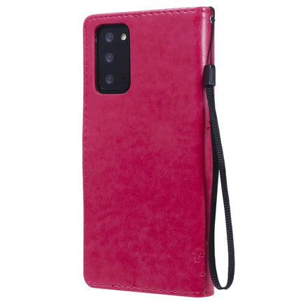 For Samsung Galaxy Note20 Tree & Cat Pattern Pressed Printing Horizontal Flip PU Leather Case with Holder & Card Slots & Wallet & Lanyard(Rose Red)-garmade.com