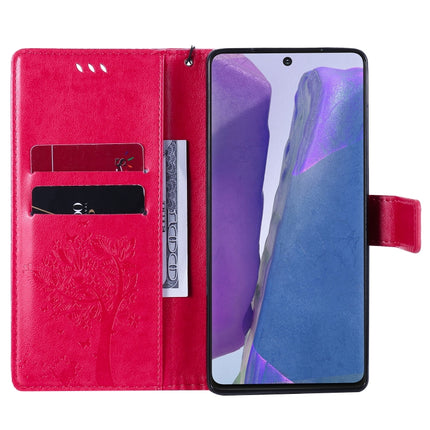 For Samsung Galaxy Note20 Tree & Cat Pattern Pressed Printing Horizontal Flip PU Leather Case with Holder & Card Slots & Wallet & Lanyard(Rose Red)-garmade.com