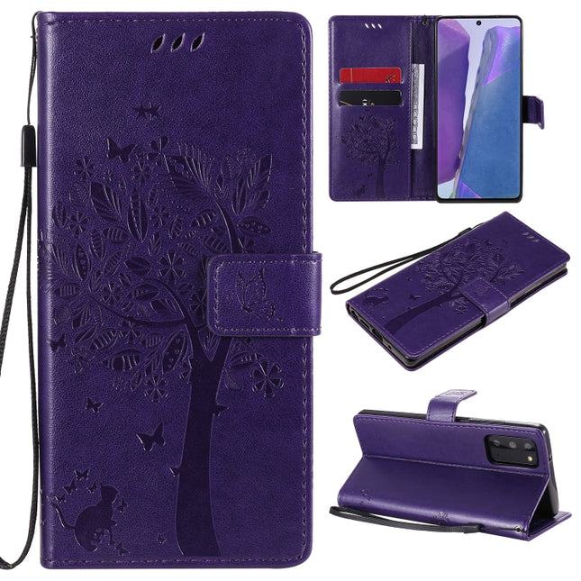 For Samsung Galaxy Note20 Tree & Cat Pattern Pressed Printing Horizontal Flip PU Leather Case with Holder & Card Slots & Wallet & Lanyard(Purple)-garmade.com