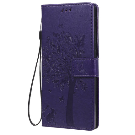 For Samsung Galaxy Note20 Tree & Cat Pattern Pressed Printing Horizontal Flip PU Leather Case with Holder & Card Slots & Wallet & Lanyard(Purple)-garmade.com
