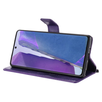 For Samsung Galaxy Note20 Tree & Cat Pattern Pressed Printing Horizontal Flip PU Leather Case with Holder & Card Slots & Wallet & Lanyard(Purple)-garmade.com