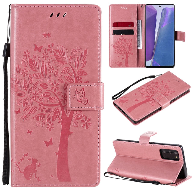 For Samsung Galaxy Note20 Tree & Cat Pattern Pressed Printing Horizontal Flip PU Leather Case with Holder & Card Slots & Wallet & Lanyard(Pink)-garmade.com
