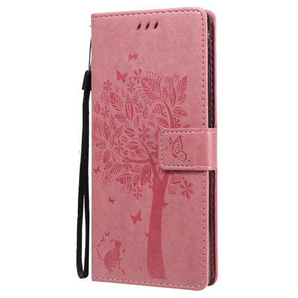 For Samsung Galaxy Note20 Tree & Cat Pattern Pressed Printing Horizontal Flip PU Leather Case with Holder & Card Slots & Wallet & Lanyard(Pink)-garmade.com