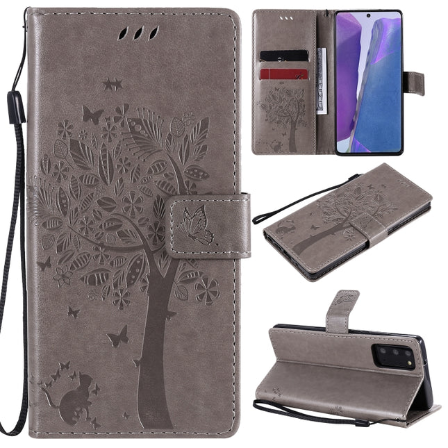 For Samsung Galaxy Note20 Tree & Cat Pattern Pressed Printing Horizontal Flip PU Leather Case with Holder & Card Slots & Wallet & Lanyard(Grey)-garmade.com