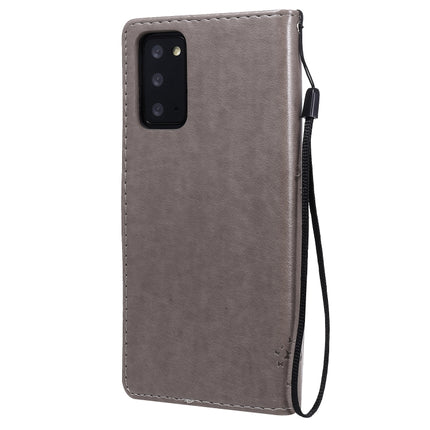 For Samsung Galaxy Note20 Tree & Cat Pattern Pressed Printing Horizontal Flip PU Leather Case with Holder & Card Slots & Wallet & Lanyard(Grey)-garmade.com
