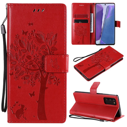 For Samsung Galaxy Note20 Tree & Cat Pattern Pressed Printing Horizontal Flip PU Leather Case with Holder & Card Slots & Wallet & Lanyard(Red)-garmade.com