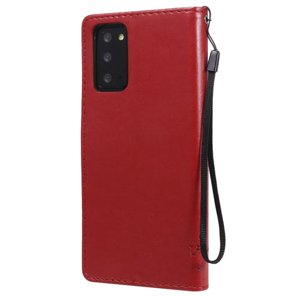 For Samsung Galaxy Note20 Tree & Cat Pattern Pressed Printing Horizontal Flip PU Leather Case with Holder & Card Slots & Wallet & Lanyard(Red)-garmade.com