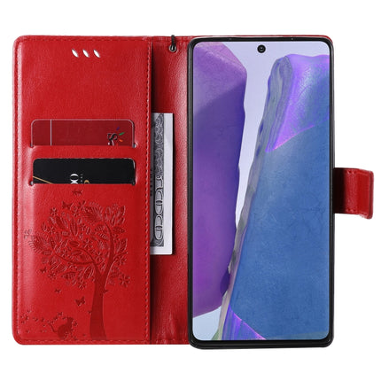 For Samsung Galaxy Note20 Tree & Cat Pattern Pressed Printing Horizontal Flip PU Leather Case with Holder & Card Slots & Wallet & Lanyard(Red)-garmade.com