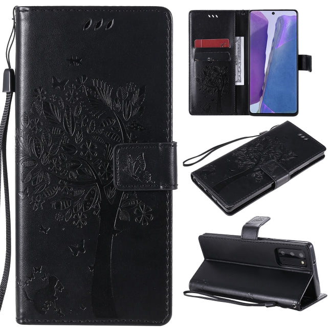 For Samsung Galaxy Note20 Tree & Cat Pattern Pressed Printing Horizontal Flip PU Leather Case with Holder & Card Slots & Wallet & Lanyard(Black)-garmade.com