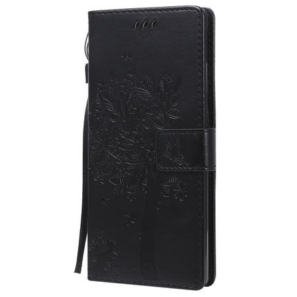 For Samsung Galaxy Note20 Tree & Cat Pattern Pressed Printing Horizontal Flip PU Leather Case with Holder & Card Slots & Wallet & Lanyard(Black)-garmade.com