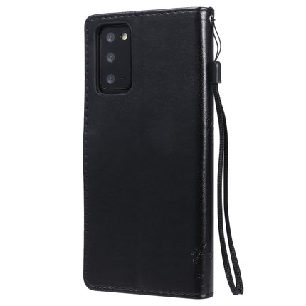 For Samsung Galaxy Note20 Tree & Cat Pattern Pressed Printing Horizontal Flip PU Leather Case with Holder & Card Slots & Wallet & Lanyard(Black)-garmade.com