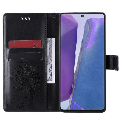 For Samsung Galaxy Note20 Tree & Cat Pattern Pressed Printing Horizontal Flip PU Leather Case with Holder & Card Slots & Wallet & Lanyard(Black)-garmade.com