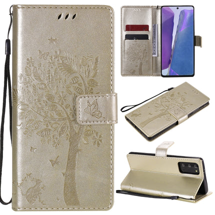 For Samsung Galaxy Note20 Tree & Cat Pattern Pressed Printing Horizontal Flip PU Leather Case with Holder & Card Slots & Wallet & Lanyard(Gold)-garmade.com