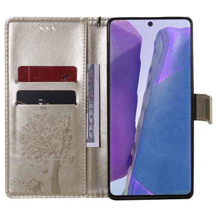 For Samsung Galaxy Note20 Tree & Cat Pattern Pressed Printing Horizontal Flip PU Leather Case with Holder & Card Slots & Wallet & Lanyard(Gold)-garmade.com