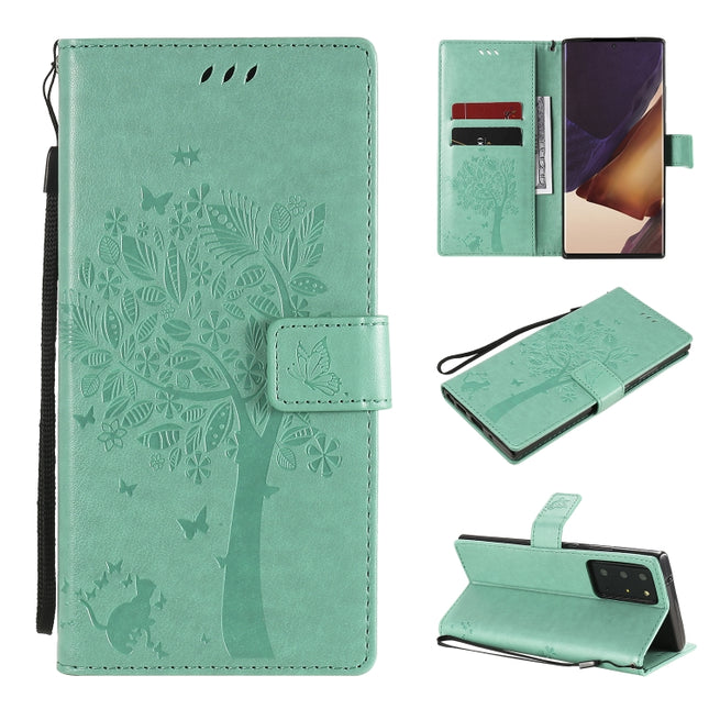 For Samsung Galaxy Note20 Ultra Tree & Cat Pattern Pressed Printing Horizontal Flip PU Leather Case with Holder & Card Slots & Wallet & Lanyard(Green)-garmade.com
