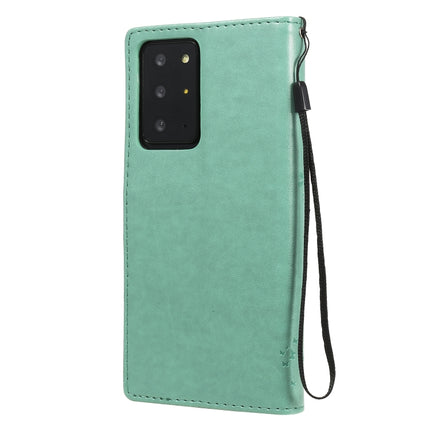 For Samsung Galaxy Note20 Ultra Tree & Cat Pattern Pressed Printing Horizontal Flip PU Leather Case with Holder & Card Slots & Wallet & Lanyard(Green)-garmade.com