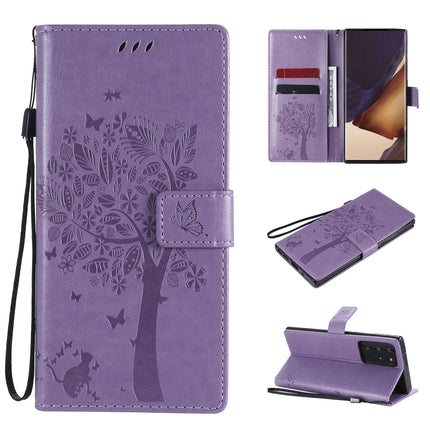For Samsung Galaxy Note20 Ultra Tree & Cat Pattern Pressed Printing Horizontal Flip PU Leather Case with Holder & Card Slots & Wallet & Lanyard(Light Purple)-garmade.com