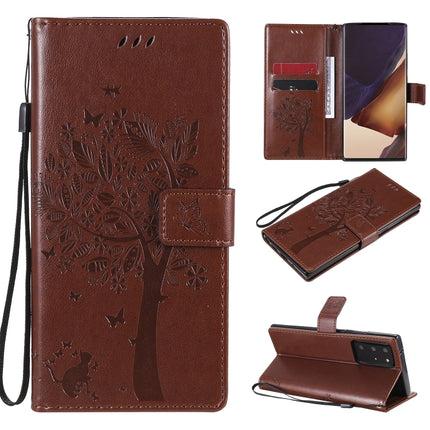 For Samsung Galaxy Note20 Ultra Tree & Cat Pattern Pressed Printing Horizontal Flip PU Leather Case with Holder & Card Slots & Wallet & Lanyard(Coffee)-garmade.com