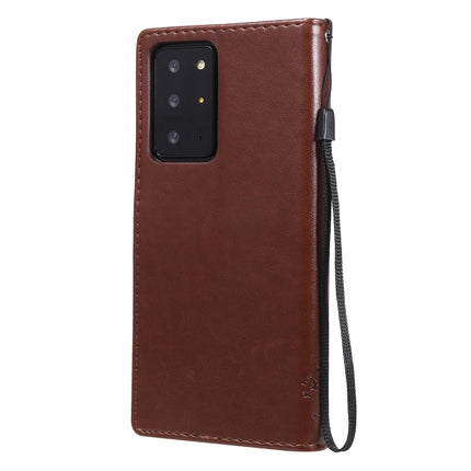 For Samsung Galaxy Note20 Ultra Tree & Cat Pattern Pressed Printing Horizontal Flip PU Leather Case with Holder & Card Slots & Wallet & Lanyard(Coffee)-garmade.com