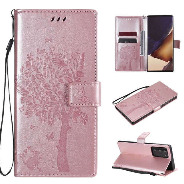 For Samsung Galaxy Note20 Ultra Tree & Cat Pattern Pressed Printing Horizontal Flip PU Leather Case with Holder & Card Slots & Wallet & Lanyard(Rose Gold)-garmade.com