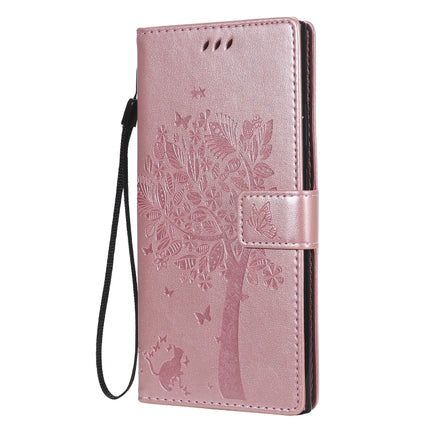 For Samsung Galaxy Note20 Ultra Tree & Cat Pattern Pressed Printing Horizontal Flip PU Leather Case with Holder & Card Slots & Wallet & Lanyard(Rose Gold)-garmade.com