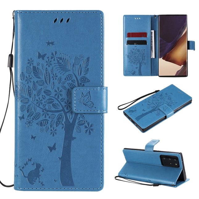 For Samsung Galaxy Note20 Ultra Tree & Cat Pattern Pressed Printing Horizontal Flip PU Leather Case with Holder & Card Slots & Wallet & Lanyard(Blue)-garmade.com