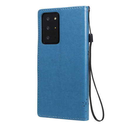 For Samsung Galaxy Note20 Ultra Tree & Cat Pattern Pressed Printing Horizontal Flip PU Leather Case with Holder & Card Slots & Wallet & Lanyard(Blue)-garmade.com