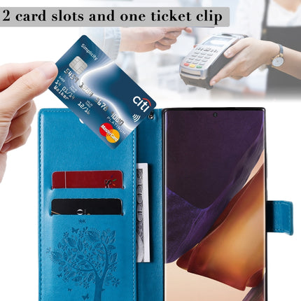 For Samsung Galaxy Note20 Ultra Tree & Cat Pattern Pressed Printing Horizontal Flip PU Leather Case with Holder & Card Slots & Wallet & Lanyard(Blue)-garmade.com