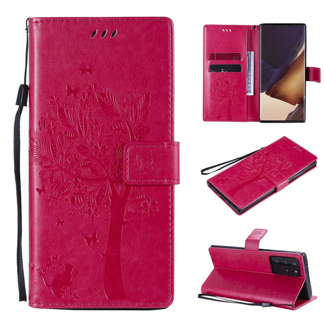 For Samsung Galaxy Note20 Ultra Tree & Cat Pattern Pressed Printing Horizontal Flip PU Leather Case with Holder & Card Slots & Wallet & Lanyard(Rose Red)-garmade.com