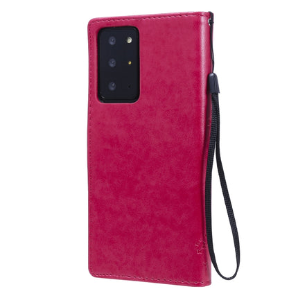 For Samsung Galaxy Note20 Ultra Tree & Cat Pattern Pressed Printing Horizontal Flip PU Leather Case with Holder & Card Slots & Wallet & Lanyard(Rose Red)-garmade.com
