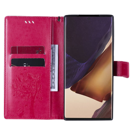 For Samsung Galaxy Note20 Ultra Tree & Cat Pattern Pressed Printing Horizontal Flip PU Leather Case with Holder & Card Slots & Wallet & Lanyard(Rose Red)-garmade.com