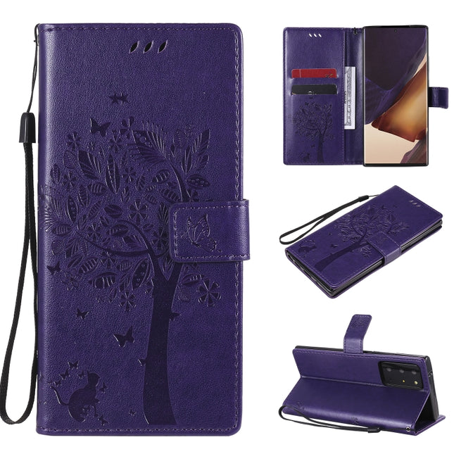 For Samsung Galaxy Note20 Ultra Tree & Cat Pattern Pressed Printing Horizontal Flip PU Leather Case with Holder & Card Slots & Wallet & Lanyard(Purple)-garmade.com