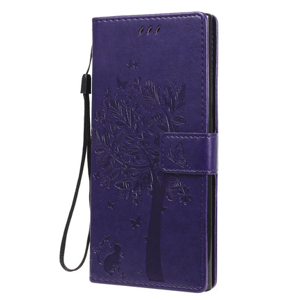 For Samsung Galaxy Note20 Ultra Tree & Cat Pattern Pressed Printing Horizontal Flip PU Leather Case with Holder & Card Slots & Wallet & Lanyard(Purple)-garmade.com