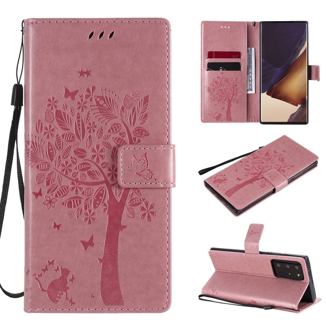 For Samsung Galaxy Note20 Ultra Tree & Cat Pattern Pressed Printing Horizontal Flip PU Leather Case with Holder & Card Slots & Wallet & Lanyard(Pink)-garmade.com