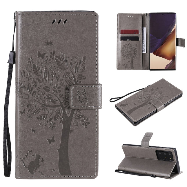For Samsung Galaxy Note20 Ultra Tree & Cat Pattern Pressed Printing Horizontal Flip PU Leather Case with Holder & Card Slots & Wallet & Lanyard(Grey)-garmade.com