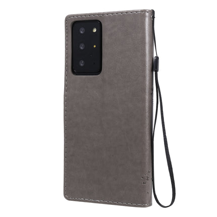 For Samsung Galaxy Note20 Ultra Tree & Cat Pattern Pressed Printing Horizontal Flip PU Leather Case with Holder & Card Slots & Wallet & Lanyard(Grey)-garmade.com