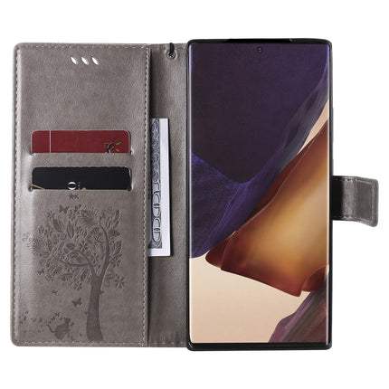 For Samsung Galaxy Note20 Ultra Tree & Cat Pattern Pressed Printing Horizontal Flip PU Leather Case with Holder & Card Slots & Wallet & Lanyard(Grey)-garmade.com