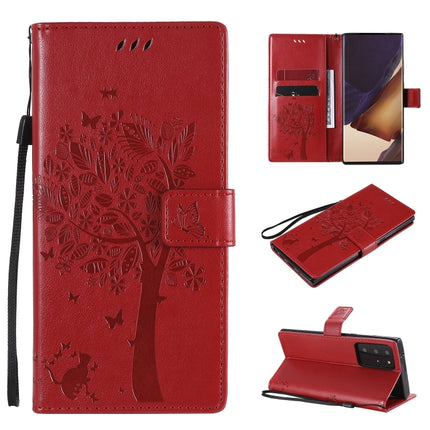 For Samsung Galaxy Note20 Ultra Tree & Cat Pattern Pressed Printing Horizontal Flip PU Leather Case with Holder & Card Slots & Wallet & Lanyard(Red)-garmade.com