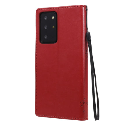 For Samsung Galaxy Note20 Ultra Tree & Cat Pattern Pressed Printing Horizontal Flip PU Leather Case with Holder & Card Slots & Wallet & Lanyard(Red)-garmade.com