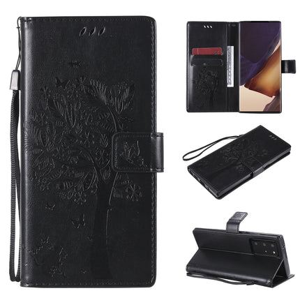 For Samsung Galaxy Note20 Ultra Tree & Cat Pattern Pressed Printing Horizontal Flip PU Leather Case with Holder & Card Slots & Wallet & Lanyard(Black)-garmade.com