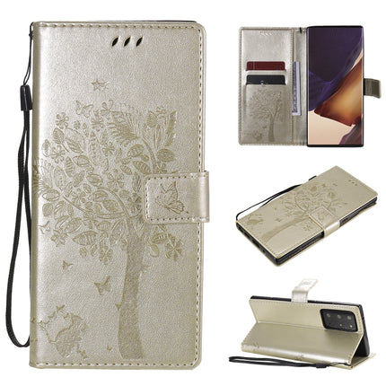 For Samsung Galaxy Note20 Ultra Tree & Cat Pattern Pressed Printing Horizontal Flip PU Leather Case with Holder & Card Slots & Wallet & Lanyard(Gold)-garmade.com
