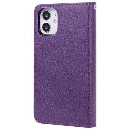 For iPhone 12 mini 2 in 1 Solid Color Detachable PU Leather Case with Card Slots & Magnetic Holder & Photo Frame & Wallet & Strap(Purple)-garmade.com