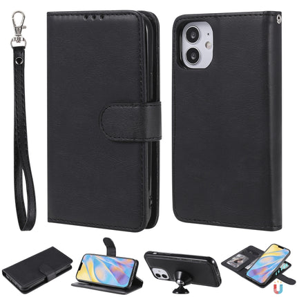 For iPhone 12 mini 2 in 1 Solid Color Detachable PU Leather Case with Card Slots & Magnetic Holder & Photo Frame & Wallet & Strap(Black)-garmade.com