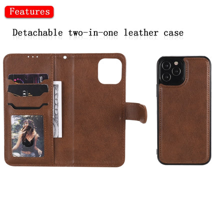 For iPhone 12 / 12 Pro 2 in 1 Solid Color Detachable PU Leather Case with Card Slots & Magnetic Holder & Photo Frame & Wallet & Strap(Brown)-garmade.com